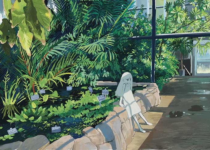 Girl in Greenhouse with Lush Plants
