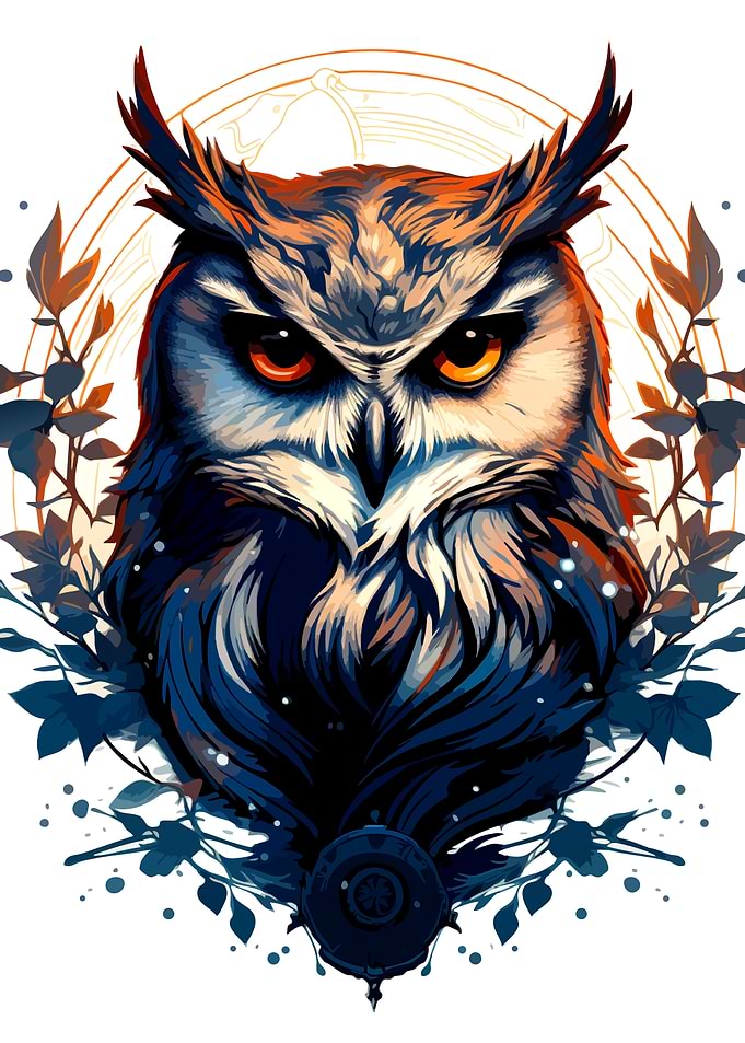 Detailed Owl Portrait with Floral Accents