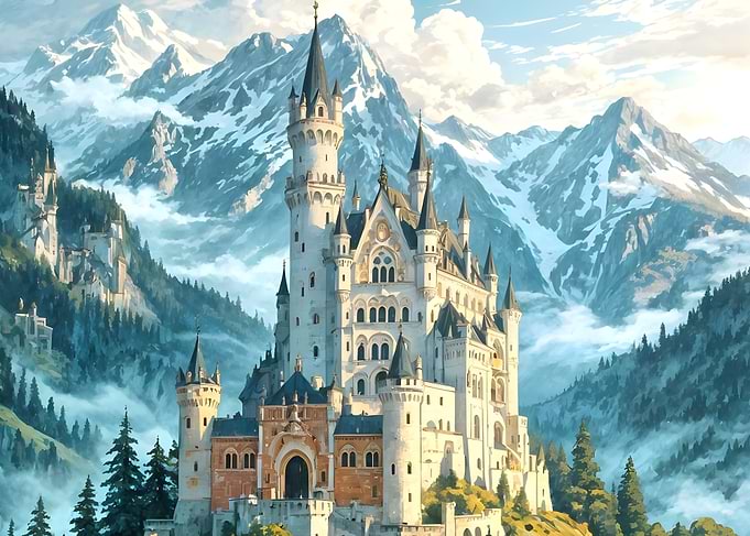 Neuschwanstein Castle in Mountain Landscape