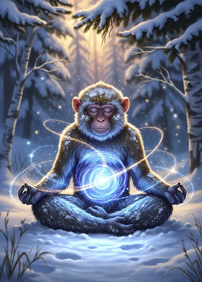 Meditating Monkey in Winter Forest