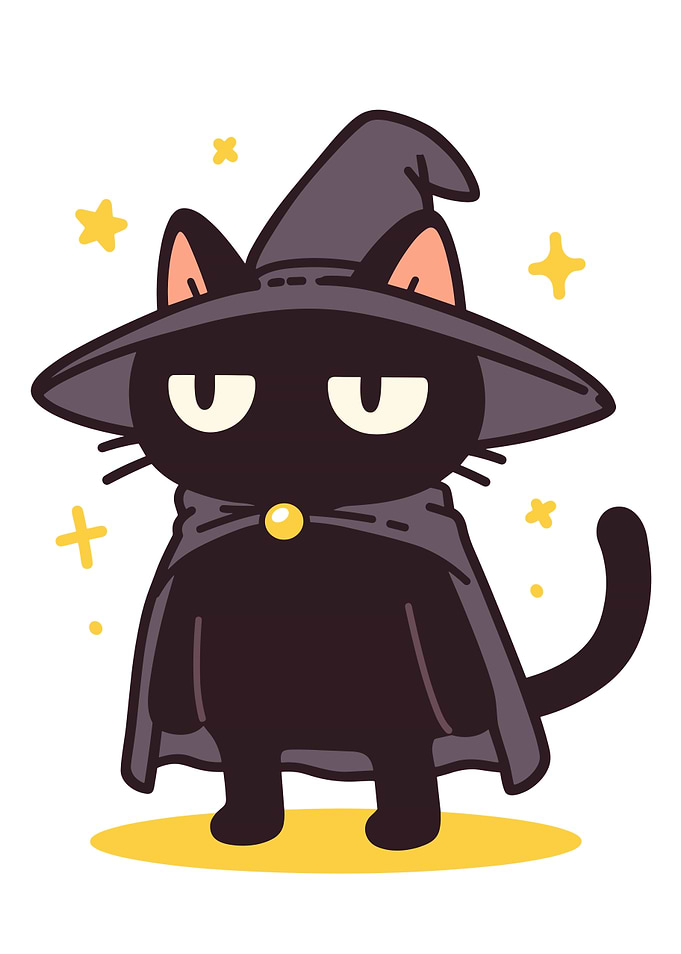 Black Cat Wizard Cartoon Illustration