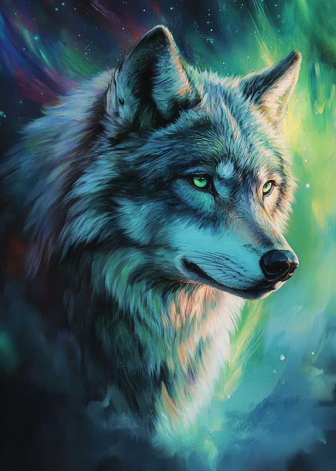 Wolf Portrait with Aurora Borealis