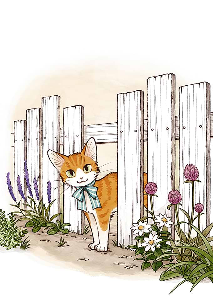 Ginger cat with bow behind fence