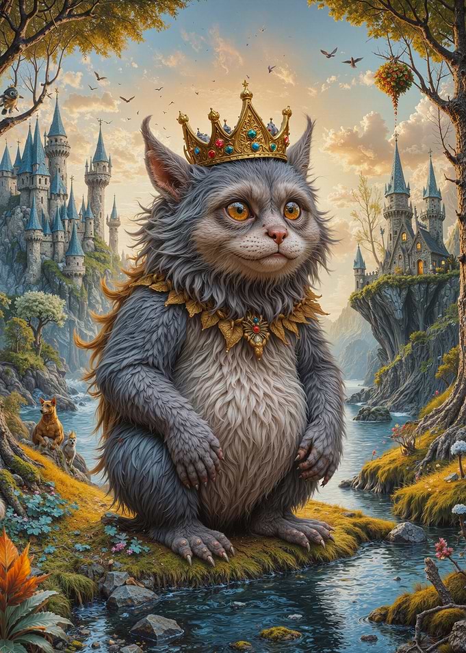 Fantasy Cat King in Enchanted Landscape