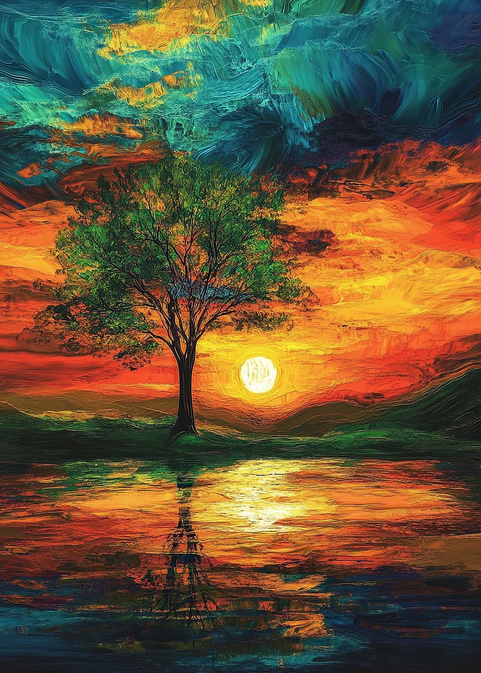 Sunset Tree Reflection Painting