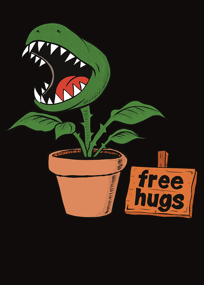 Cartoon Carnivorous Plant with Free Hugs Sign