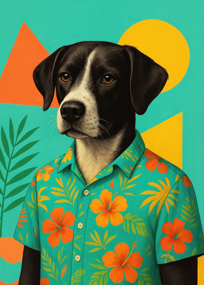Dog in Hawaiian Shirt Portrait – Retro Tropical