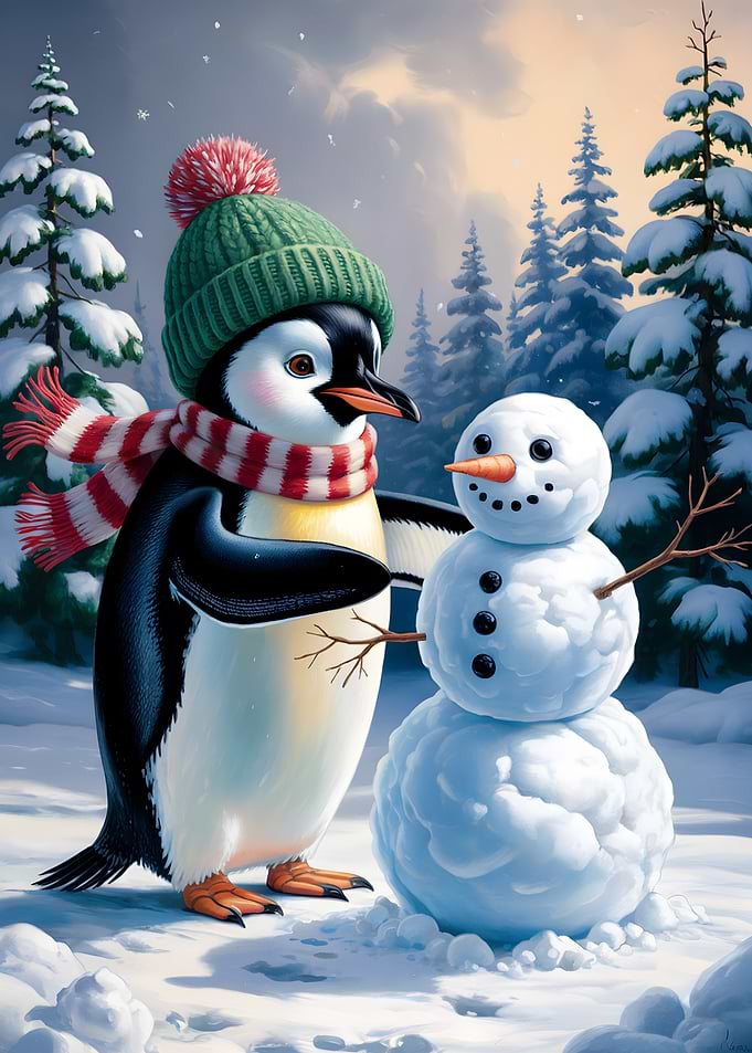 Penguin Building a Snowman in Winter