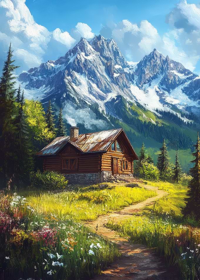 Mountain Cabin Landscape Painting