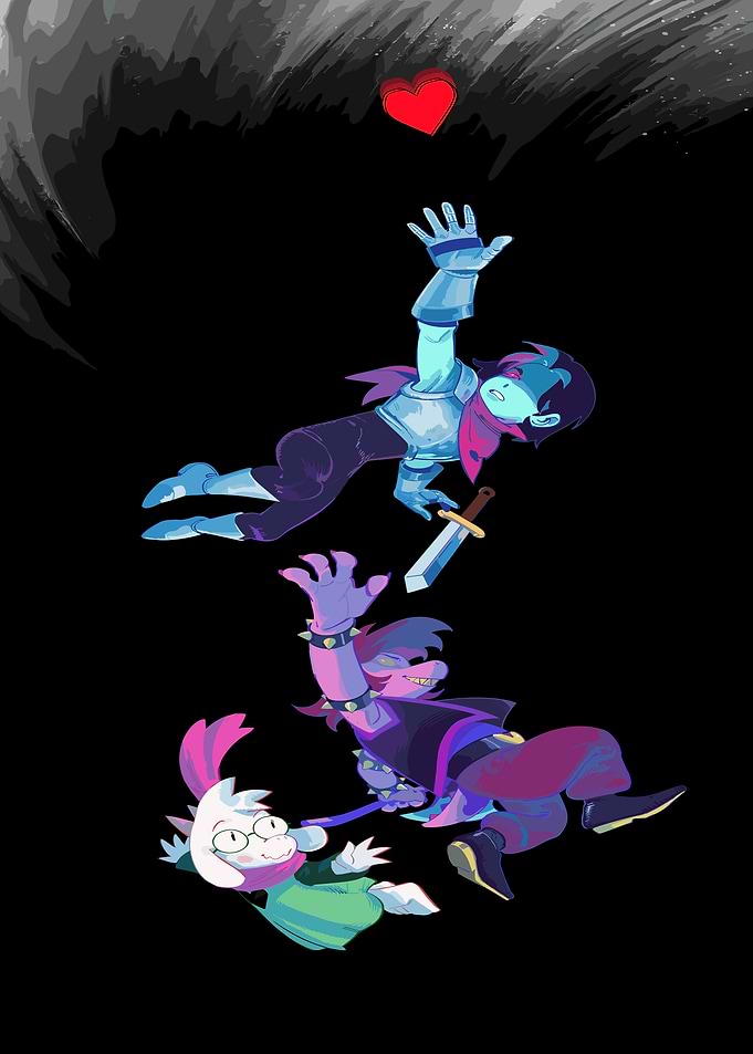 Deltarune characters reaching for a heart