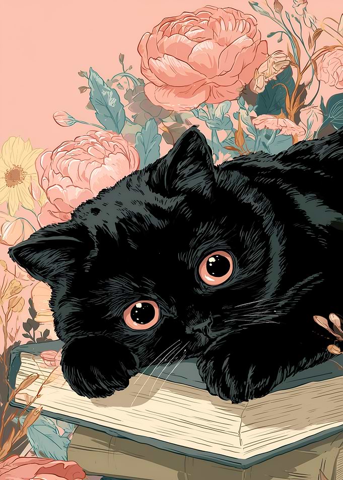 Black Cat with Flowers and Books