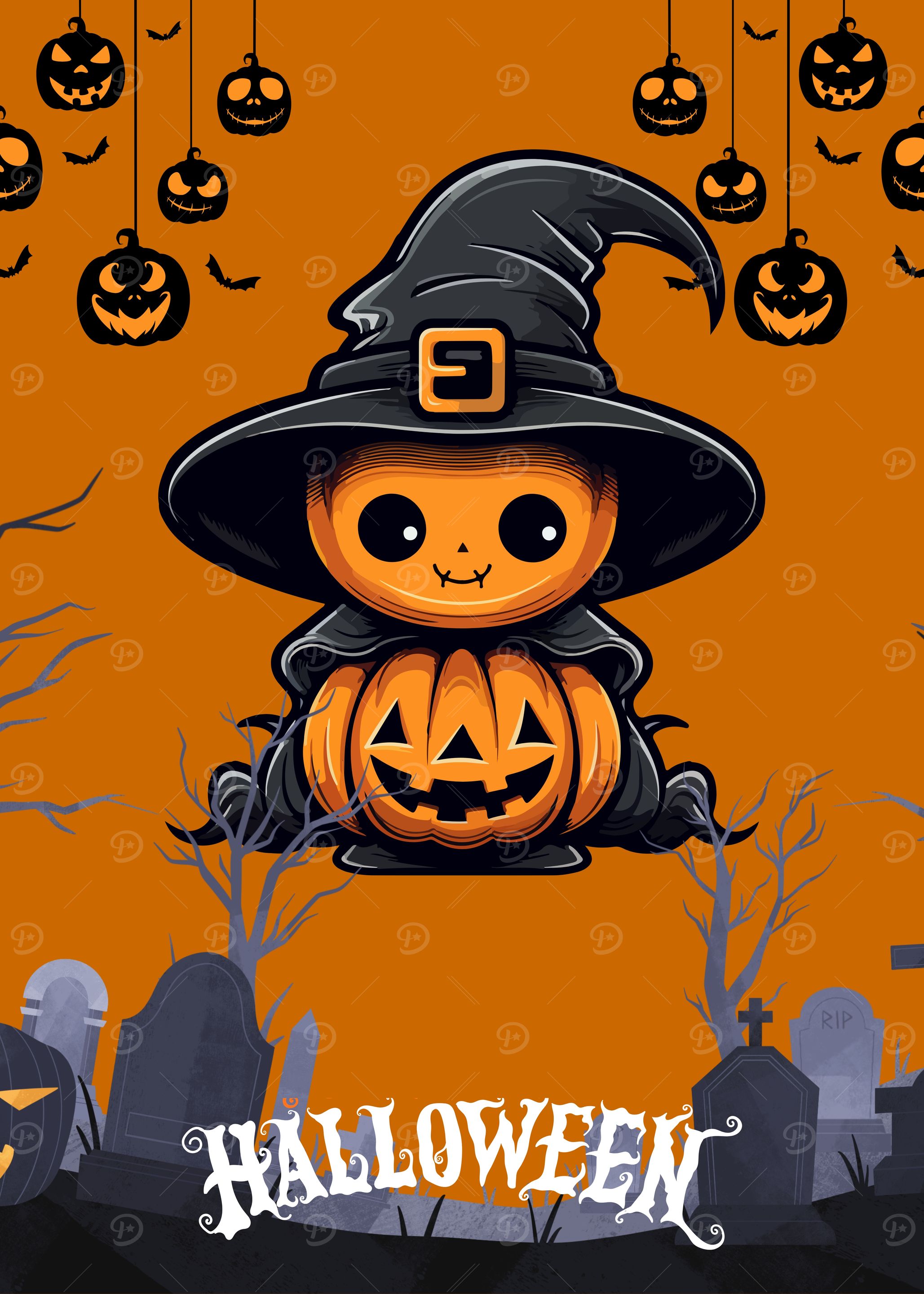 Cute Halloween Pumpkin Witch Illustration