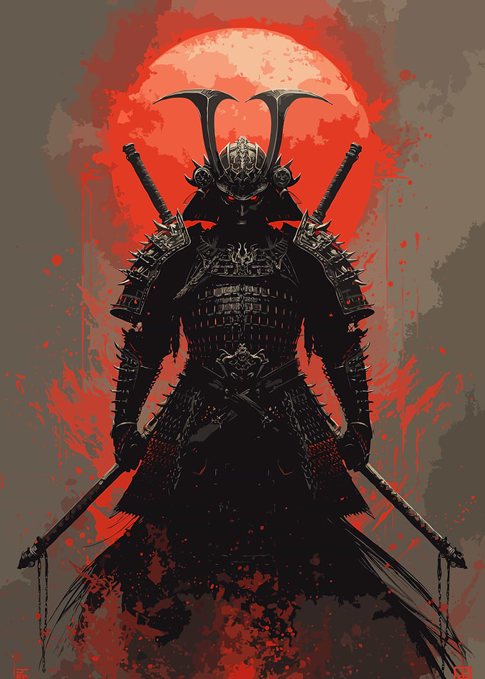 Samurai Warrior with Red Moon Painting Art