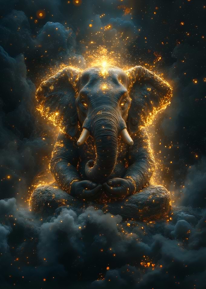 Meditating Elephant with Golden Sparkles