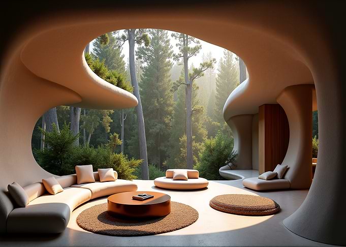 Modern Home Interior with Forest View