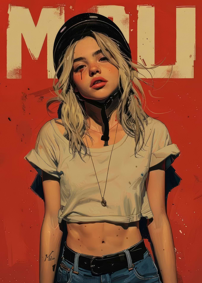 Girl with Helmet and Red Background