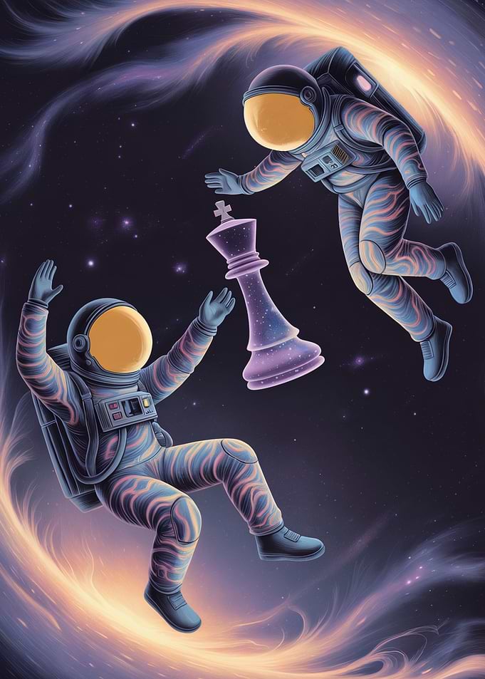 Astronauts playing chess in space