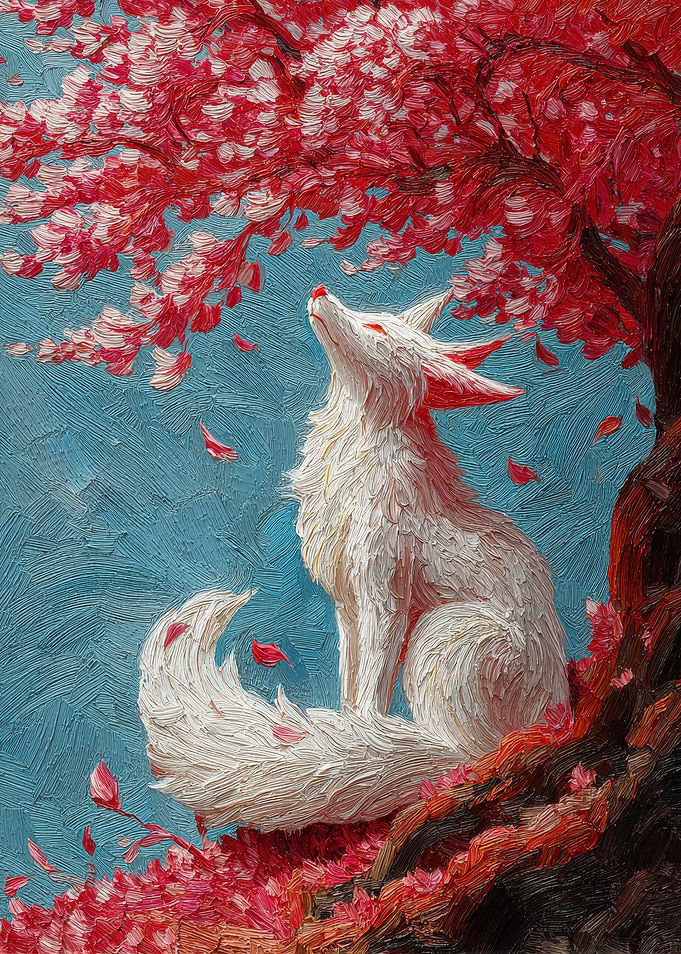 White Fox Under Cherry Blossom Tree