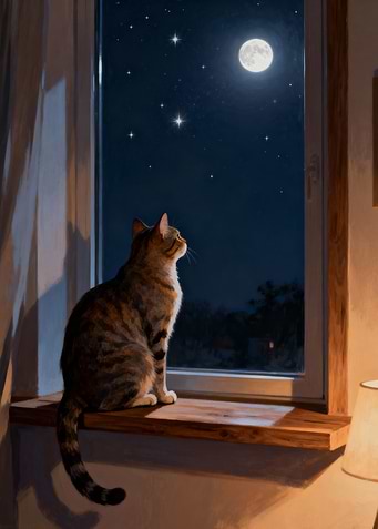 Cat gazing at the moonlit sky