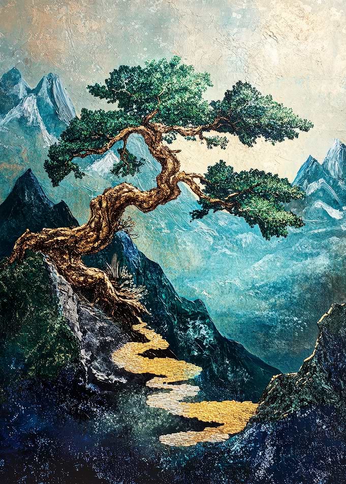Bonsai Tree Mountain Landscape Painting
