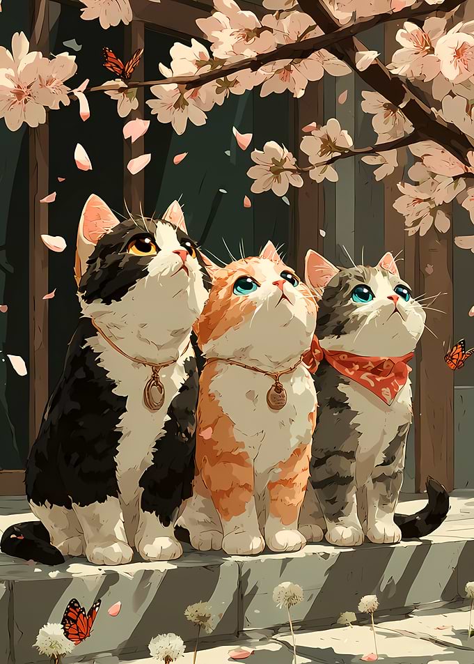 Three Cats Under Cherry Blossoms