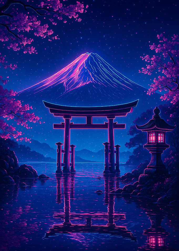 Neon Japanese Landscape with Torii Gate