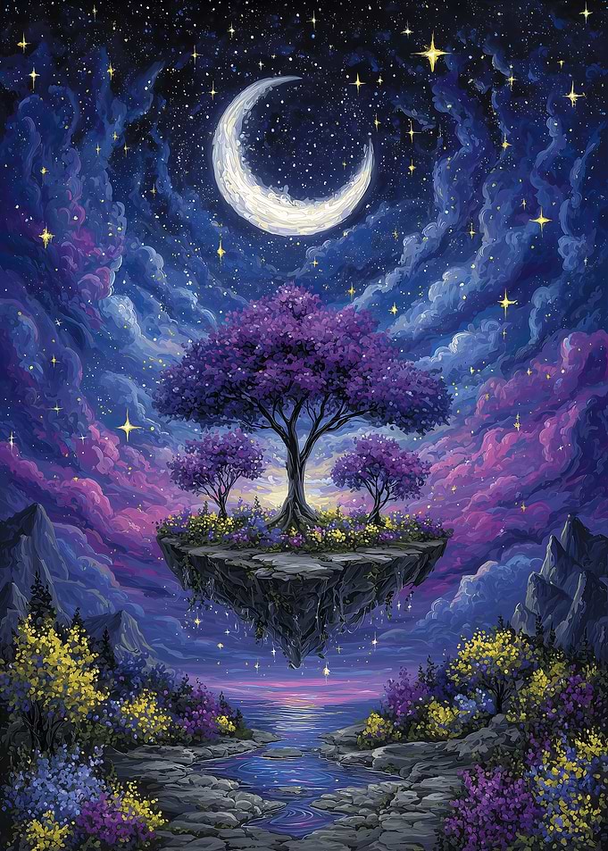 Fantasy Landscape with Floating Island and Moon