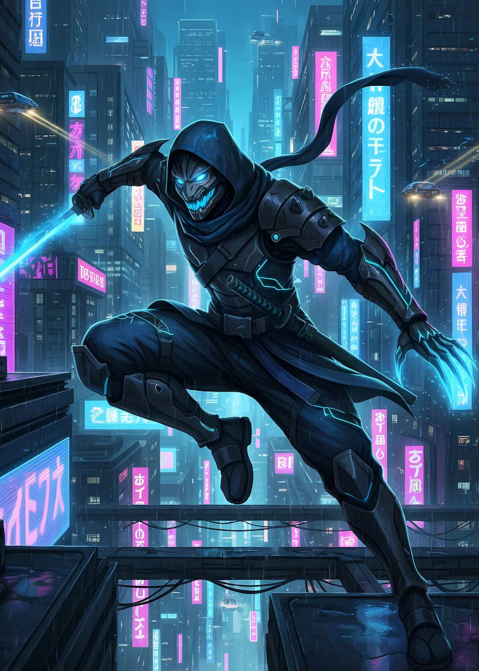 Cyberpunk Ninja in Neon Cityscape