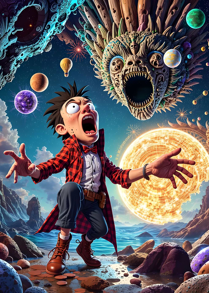 Cartoon Man Scared of Space Monster