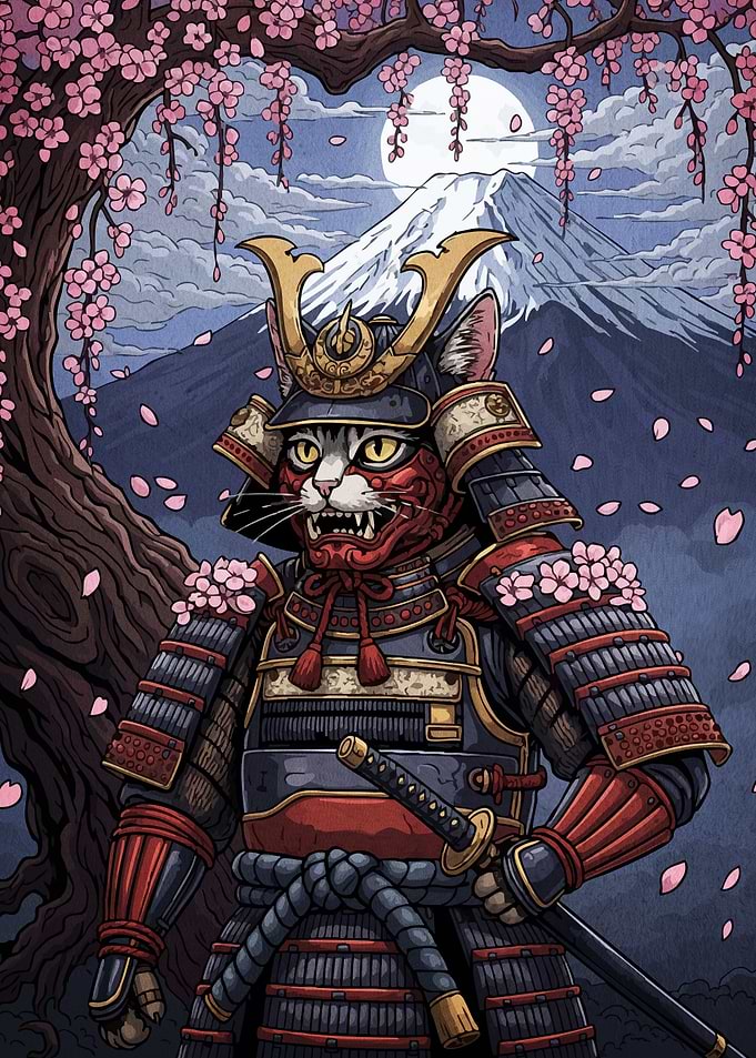 Samurai Cat Cherry Blossoms