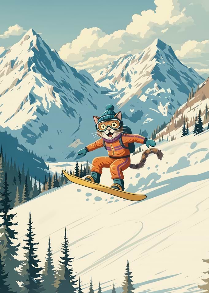 Cat Snowboarding in the Mountains