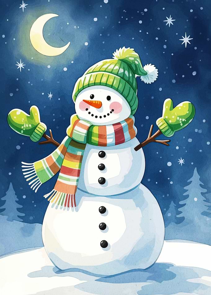 Watercolor Snowman Under Moonlit Sky