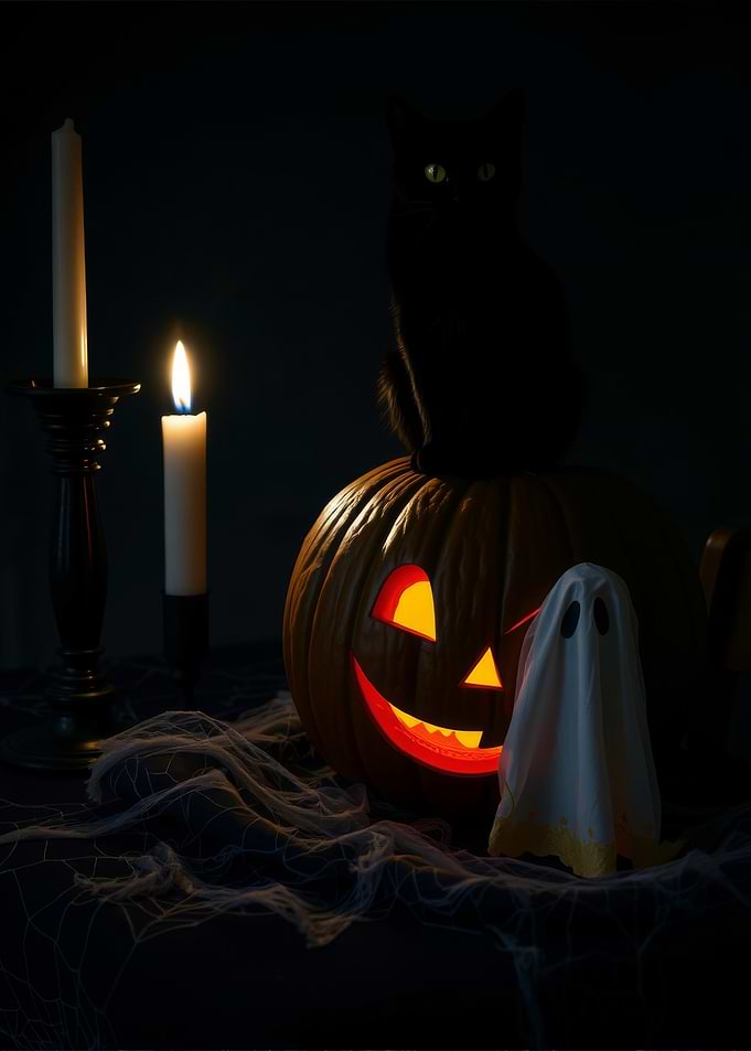 Halloween Still Life with Black Cat