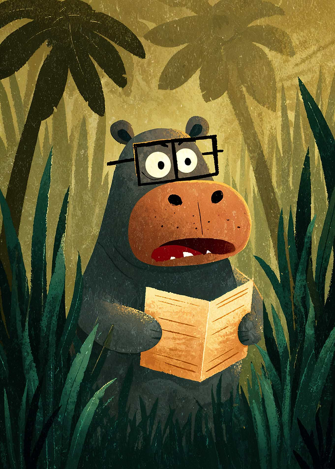 Cartoon Hippo Reading in Jungle