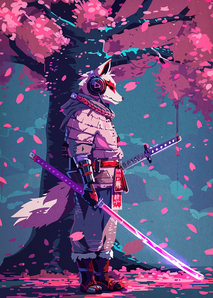 Fox Samurai with Headphones under Cherry Tree
