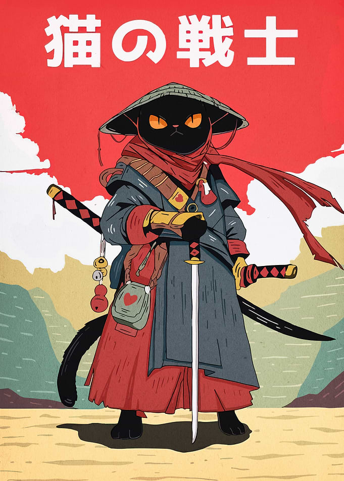 Cat Samurai Warrior Illustration