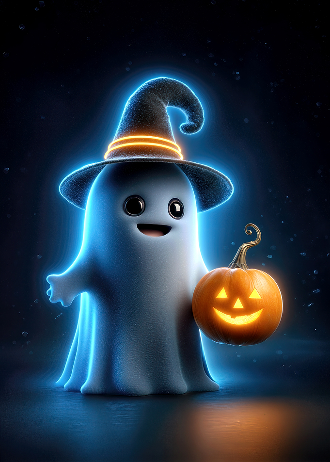 Cute Ghost with Pumpkin and Witch Hat