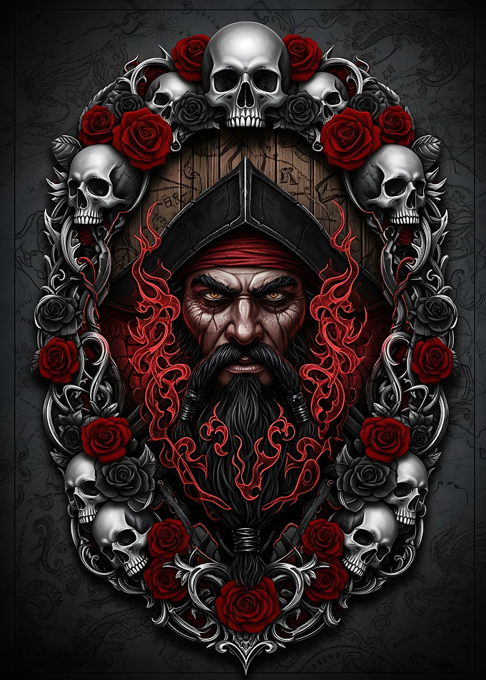 Pirate Portrait with Skulls and Roses