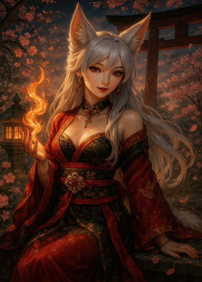 Fox Girl with Fire in Japanese Garden