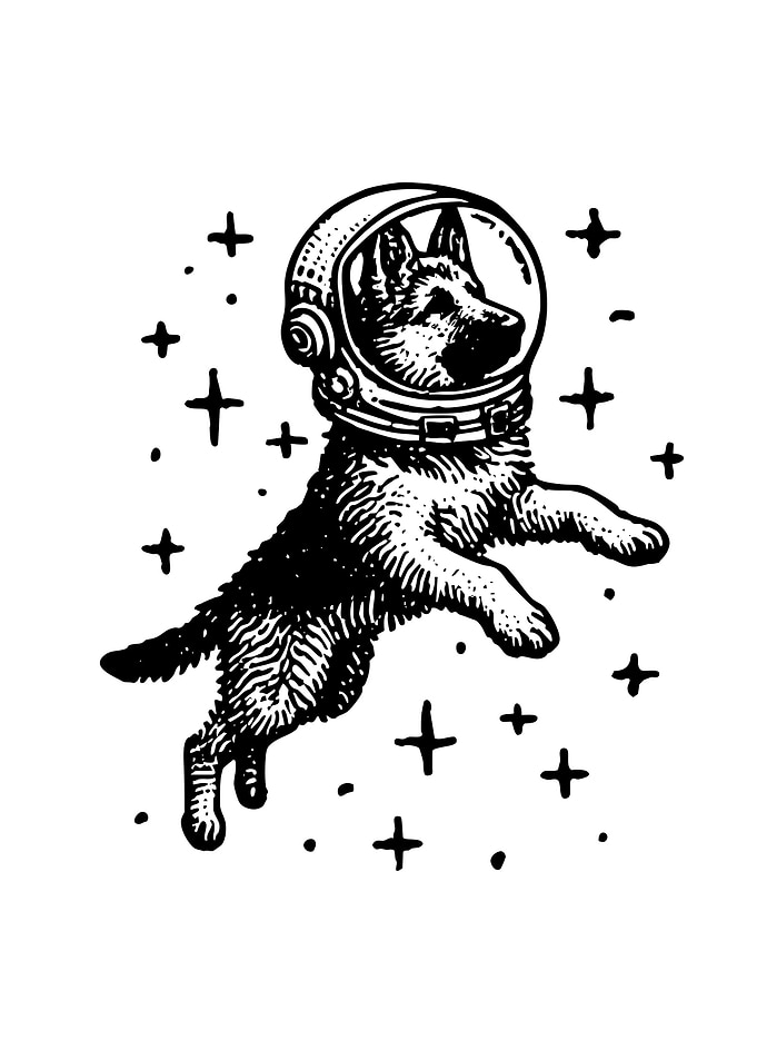 Dog Astronaut in Space Black and White