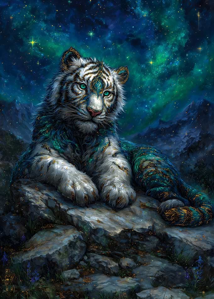 Celestial White Tiger on Rocky Outcrop