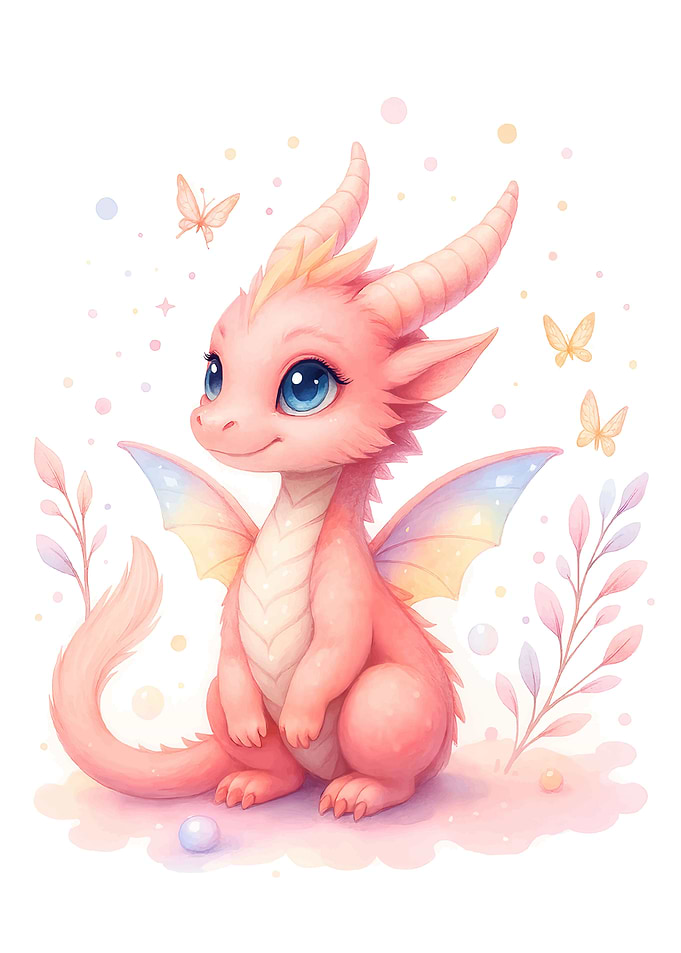 Cute Pink Dragon with Butterflies