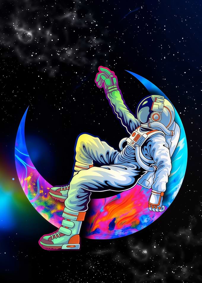Astronaut on Colorful Moon in Space