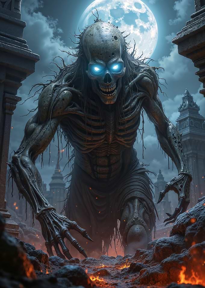 Glowing-Eyed Skeleton Monster in Dark Fantasy Setting