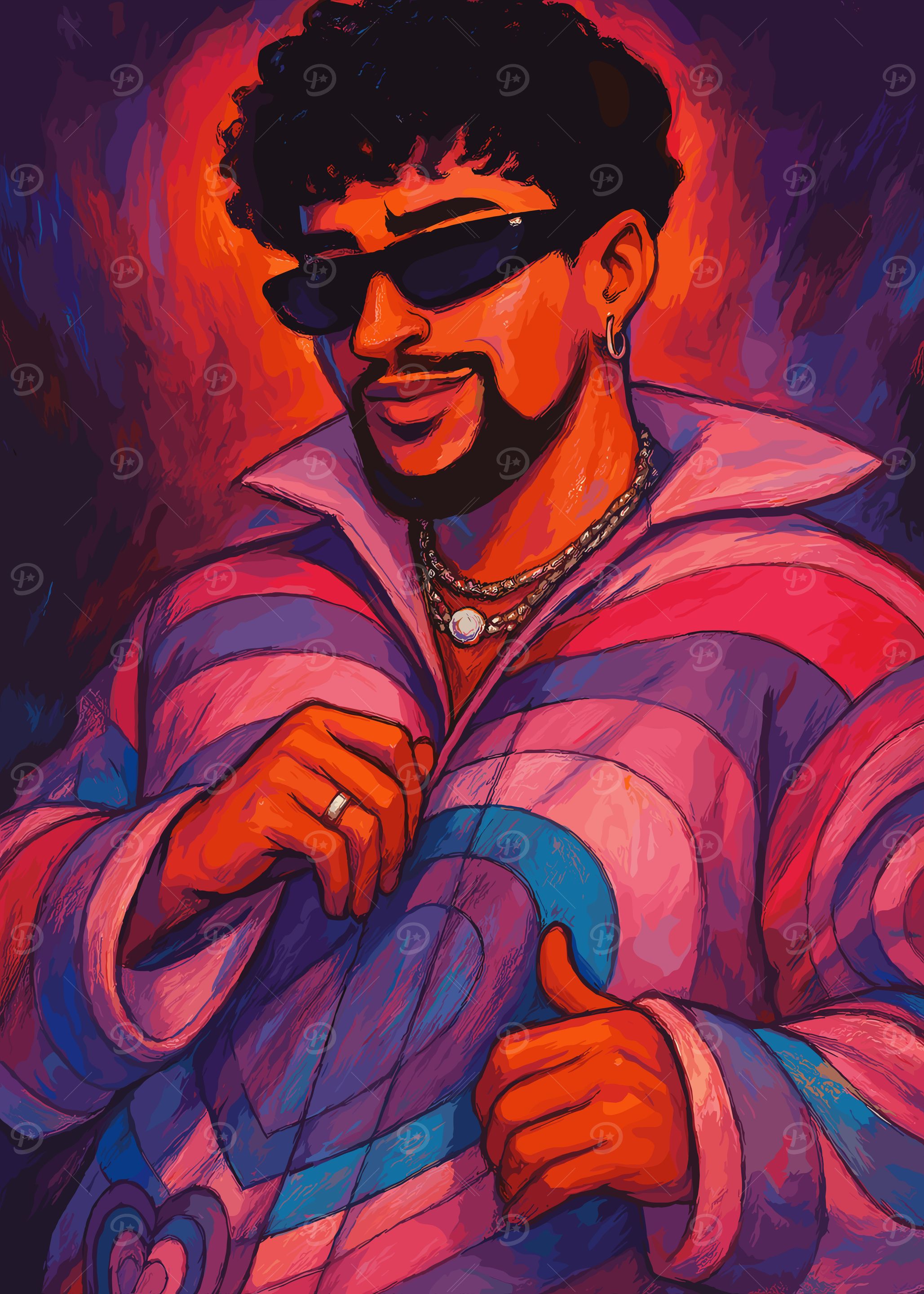 Bad Bunny Portrait with Colorful Jacket