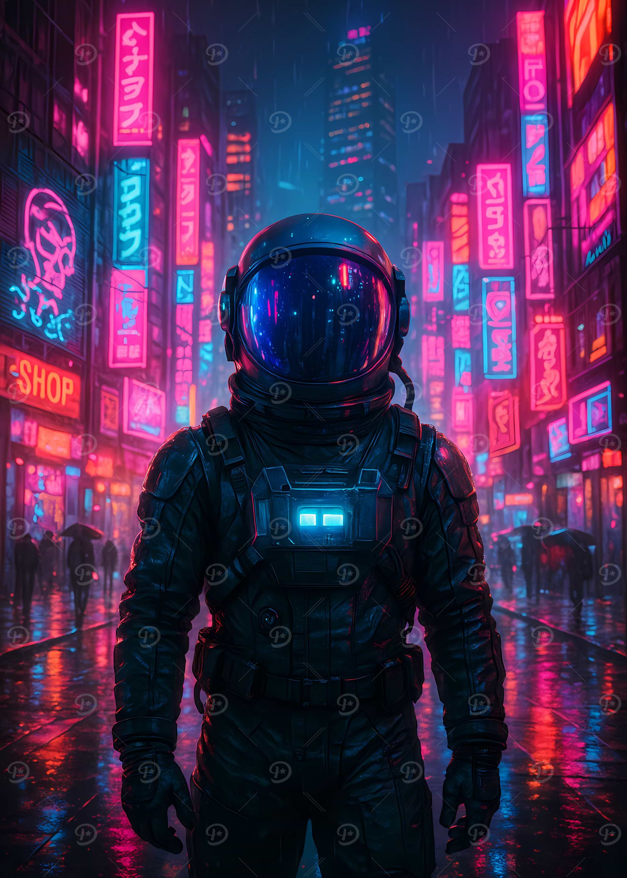 Astronaut in Neon Cityscape