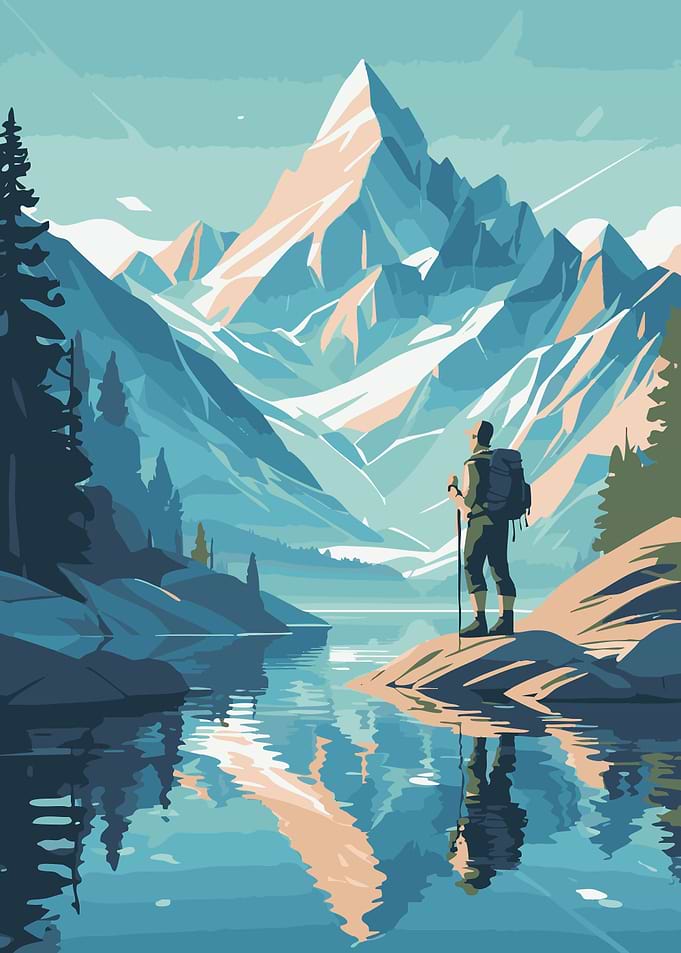 Mountain Hiker Landscape Illustration