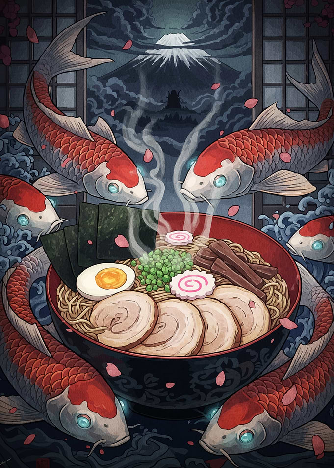 Ramen Bowl Surrounded by Koi Fish