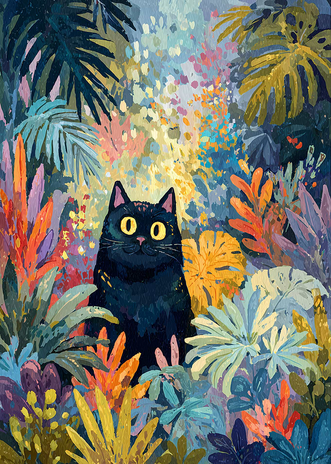 Curious Black Cat in a Vibrant Fantasy Jungle