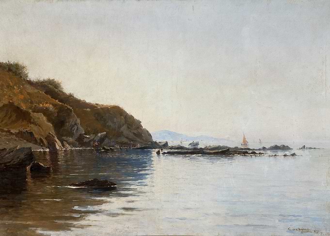 Coastal Seascape Painting with Cliffs and Boats